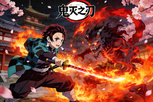日本动漫《鬼灭之刃》海报，武士与鬼怪的战斗场景
